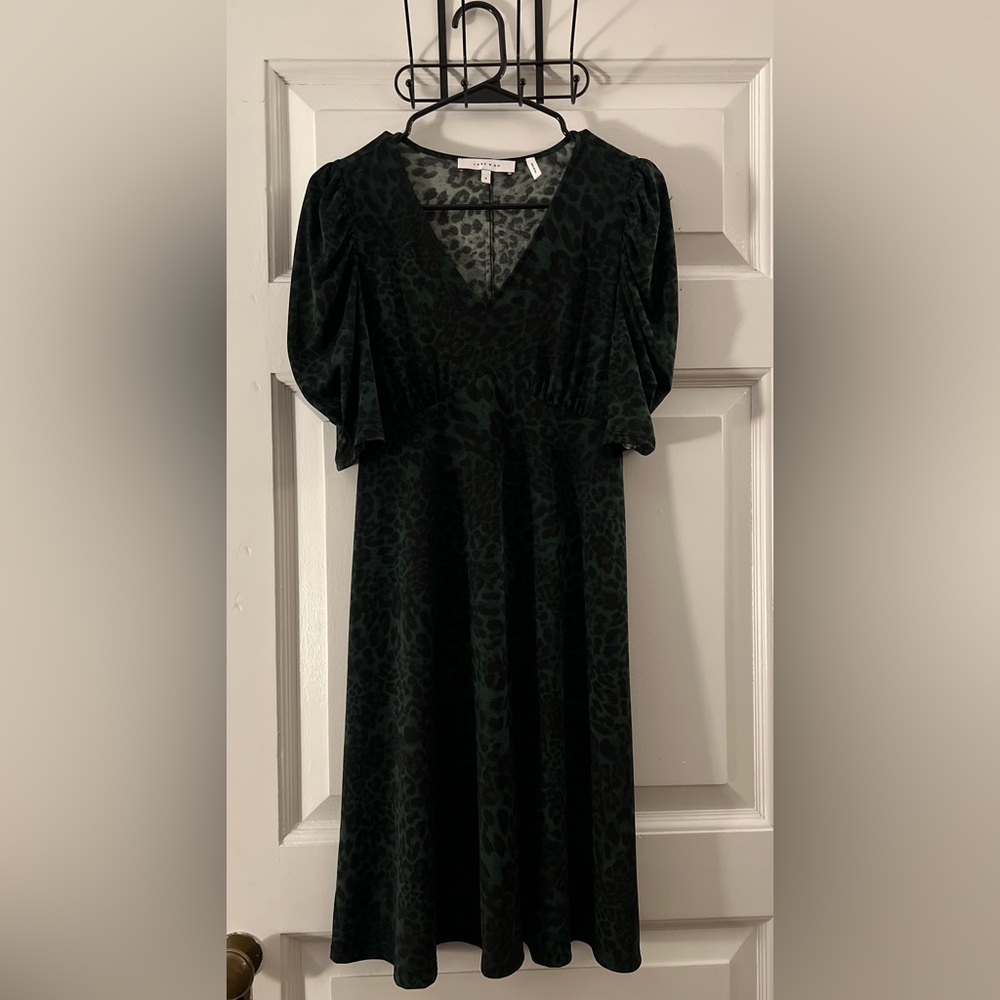 Lark & Ro Green & Black Leopard Print Balloon Sleeve Dress - NWOT